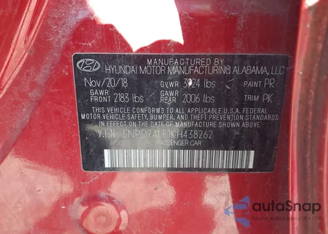 2019 Hyundai Elantra Se z USA, uszkodzony, nr VIN 5NPD74LF1KH438262